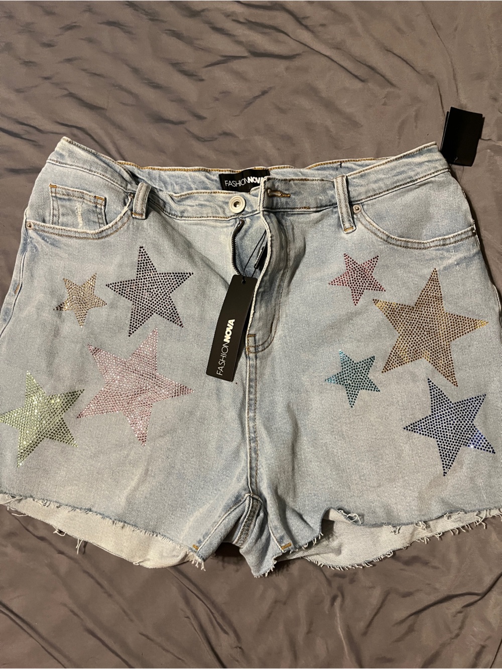Fashion Nova Light Wash Denim Jacket with Multicolor Rhinestone Stars
